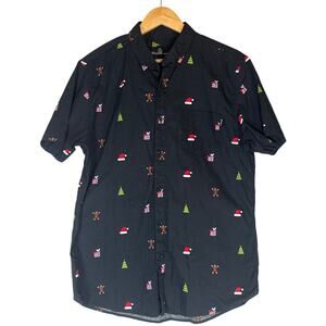 Molokai Surf Co Novelty Christmas Xmas Button Down Mens Large Black Short Sleeve